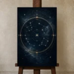 Celestial Zodiac Wheel Constellation Wall Art Canvas Print displayed on a studio easel