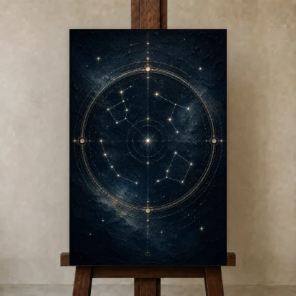 Celestial Zodiac Wheel Constellation Wall Art Canvas Print shown in Studio Easel