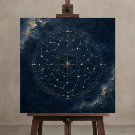 Celestial Zodiac Map Constellation Wall Art Canvas Print shown in Studio Easel