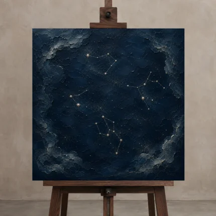 Scattered Star Field Constellation Wall Art Canvas Print displayed on a studio easel