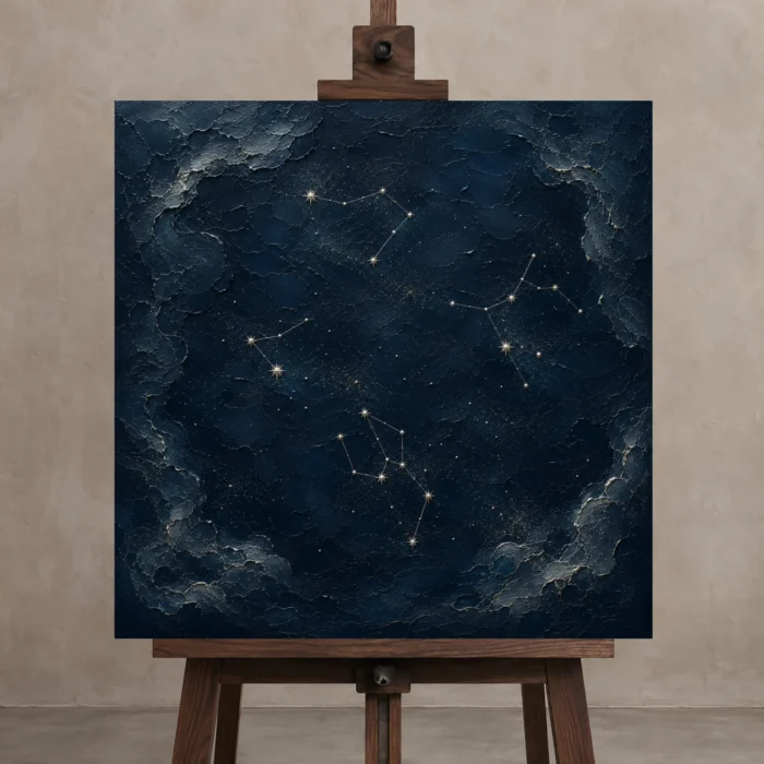 Scattered Star Field Constellation Wall Art Canvas Print displayed on a studio easel