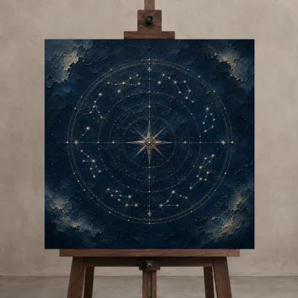 Celestial Compass Wheel Constellation Wall Art Canvas Print shown in Studio Easel