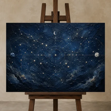 Lunar Horizon Map Constellation Wall Art Canvas Print displayed on a studio easel