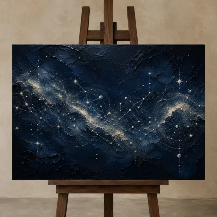 Milky Way Star Path Constellation Wall Art Canvas Print displayed on a studio easel