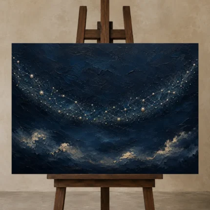 Starlit Celestial Arc Constellation Wall Art Canvas Print displayed on a studio easel