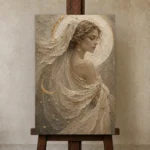 Moon Veil Celestial Feminine Wall Art Canvas Print displayed on a studio easel