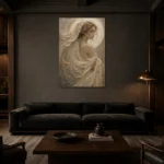 Moon Veil Celestial Feminine Wall Art Canvas Print shown in a warm modern interior