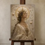 Solar Crown Celestial Feminine Wall Art Canvas Print displayed on a studio easel