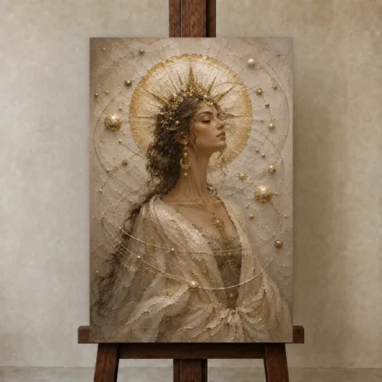Solar Crown Celestial Feminine Wall Art Canvas Print shown in Studio Easel