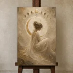 Moon Phase Muse Celestial Feminine Wall Art Canvas Print displayed on a studio easel