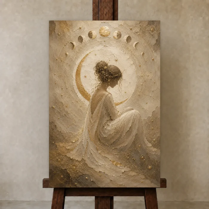 Moon Phase Muse Celestial Feminine Wall Art Canvas Print displayed on a studio easel