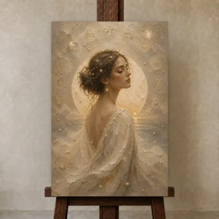 Zodiac Halo Muse Celestial Feminine Wall Art Canvas Print shown in Studio Easel