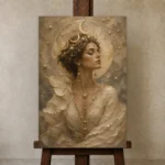 Crescent Crown Celestial Feminine Wall Art Canvas Print displayed on a studio easel