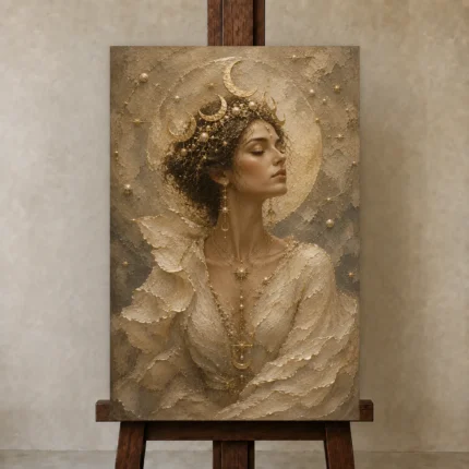 Crescent Crown Celestial Feminine Wall Art Canvas Print shown in Studio Easel