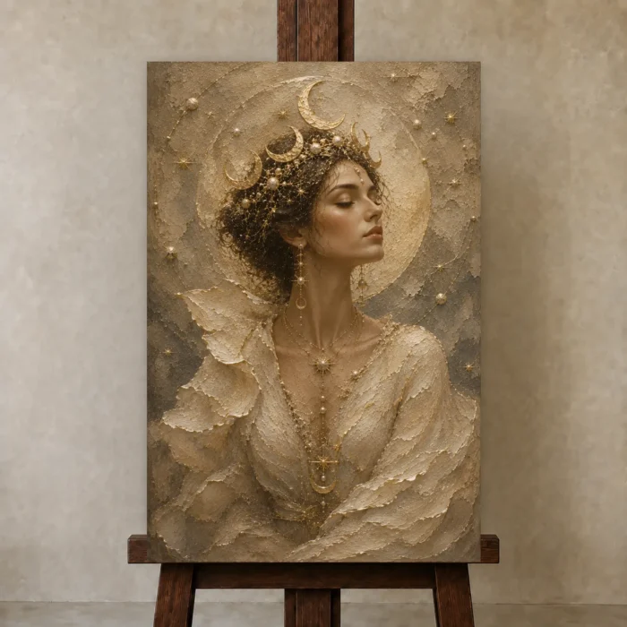 Crescent Crown Celestial Feminine Wall Art Canvas Print displayed on a studio easel