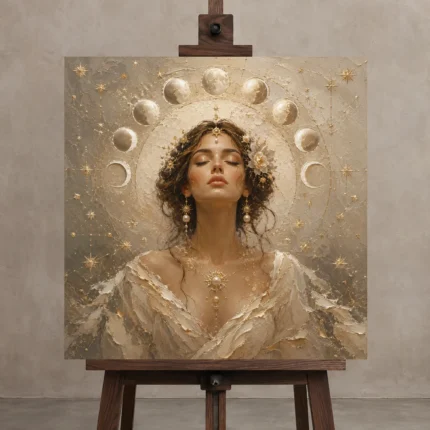 Lunar Bloom Celestial Feminine Wall Art Canvas Print displayed on a studio easel