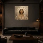 Lunar Bloom Celestial Feminine Wall Art Canvas Print shown in a warm modern interior