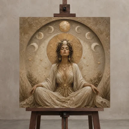Moon Sanctuary Celestial Feminine Wall Art Canvas Print displayed on a studio easel