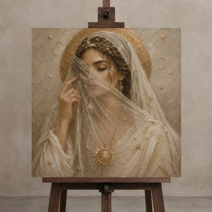 Veiled Moon Muse Celestial Feminine Wall Art Canvas Print displayed on a studio easel