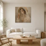 Veiled Moon Muse Celestial Feminine Wall Art Canvas Print styled in a refined neutral interior