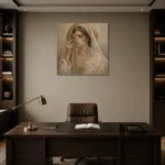 Veiled Moon Muse Celestial Feminine Wall Art Canvas Print displayed in a contemporary gallery-inspired room