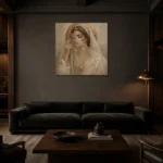 Veiled Moon Muse Celestial Feminine Wall Art Canvas Print shown in a warm modern interior