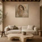 Veiled Moon Muse Celestial Feminine Wall Art Canvas Print presented in a sophisticated home setting