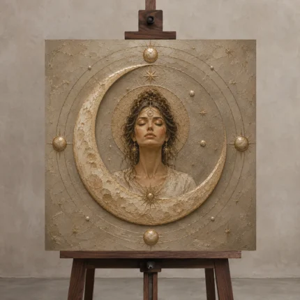 Lunar Oracle Celestial Feminine Wall Art Canvas Print displayed on a studio easel
