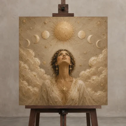 Solar Ascension Celestial Feminine Wall Art Canvas Print displayed on a studio easel