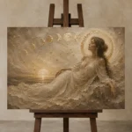 Lunar Tide Muse Celestial Feminine Wall Art Canvas Print displayed on a studio easel