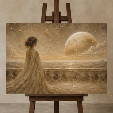 Lunar Horizon Muse Celestial Feminine Wall Art Canvas Print displayed on a studio easel