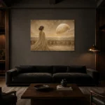 Lunar Horizon Muse Celestial Feminine Wall Art Canvas Print shown in a warm modern interior