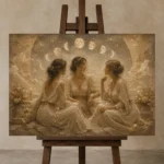 Moon Sisters Celestial Feminine Wall Art Canvas Print displayed on a studio easel