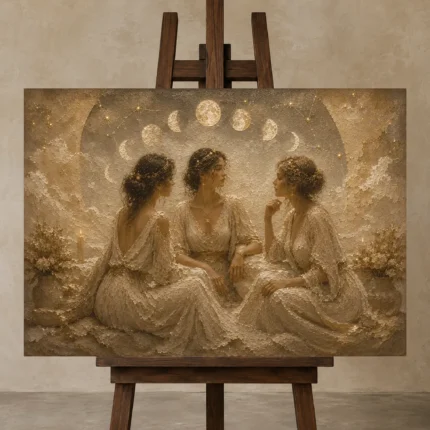 Moon Sisters Celestial Feminine Wall Art Canvas Print displayed on a studio easel