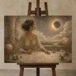 Eclipse Observatory Celestial Feminine Wall Art Canvas Print displayed on a studio easel