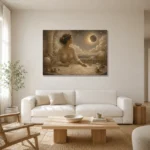 Eclipse Observatory Celestial Feminine Wall Art Canvas Print styled in a refined neutral interior