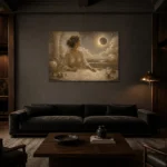Eclipse Observatory Celestial Feminine Wall Art Canvas Print shown in a warm modern interior