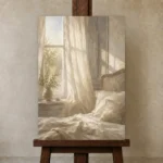 Sunlit Window Bedroom Wall Art Canvas Print displayed on a studio easel