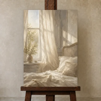 Sunlit Window Bedroom Wall Art Canvas Print shown in Studio Easel