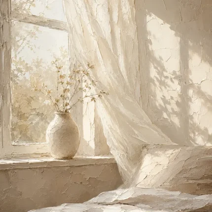Sunlit Linen Window Serene Neutral Bedroom Wall Art Canvas Print