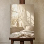 Sunlit Linen Window Serene Neutral Bedroom Wall Art Canvas Print displayed on a studio easel