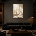 Sunlit Linen Window Serene Neutral Bedroom Wall Art Canvas Print shown in a warm modern interior