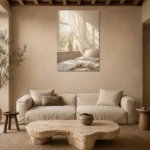 Sunlit Linen Window Serene Neutral Bedroom Wall Art Canvas Print presented in a sophisticated home setting