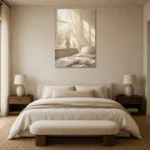 Sunlit Linen Window Serene Neutral Bedroom Wall Art Canvas Print showcased in an elegant minimalist interior