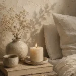 Candlelit Bedside Still Life Serene Neutral Bedroom Wall Art Canvas Print
