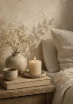 Candlelit Bedside Still Life Serene Neutral Bedroom Wall Art Canvas Print