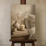 Candlelit Bedside Still Life Serene Neutral Bedroom Wall Art Canvas Print displayed on a studio easel