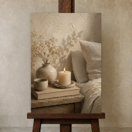 Candlelit Bedside Still Life Serene Neutral Bedroom Wall Art Canvas Print shown in Studio Easel