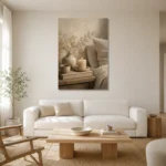 Candlelit Bedside Still Life Serene Neutral Bedroom Wall Art Canvas Print styled in a refined neutral interior