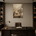 Candlelit Bedside Still Life Serene Neutral Bedroom Wall Art Canvas Print displayed in a contemporary gallery-inspired room
